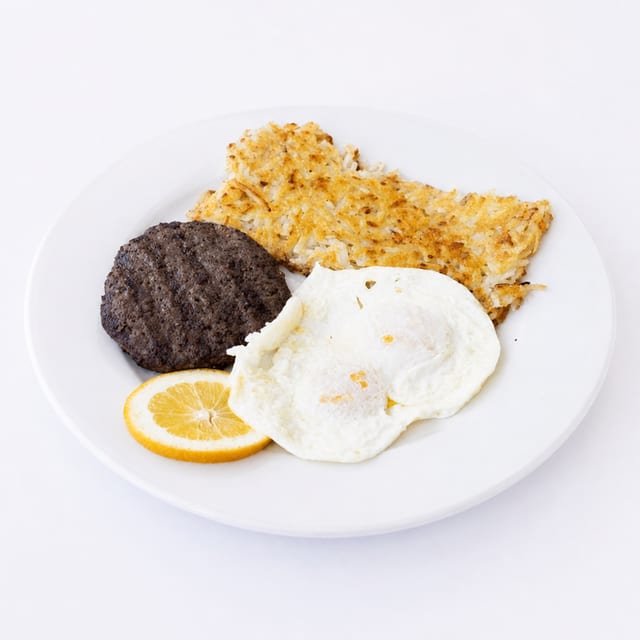 2 Eggs Any Style with Hamburger Patty.